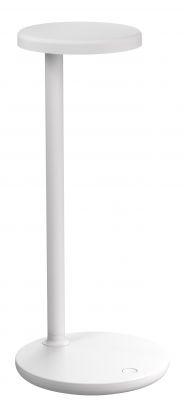 Weisse Oblique Qi Tischleuchte von Flos: Moderne LED Lampe mit minimalistischem Design für Schreibtisch und Nachttisch.